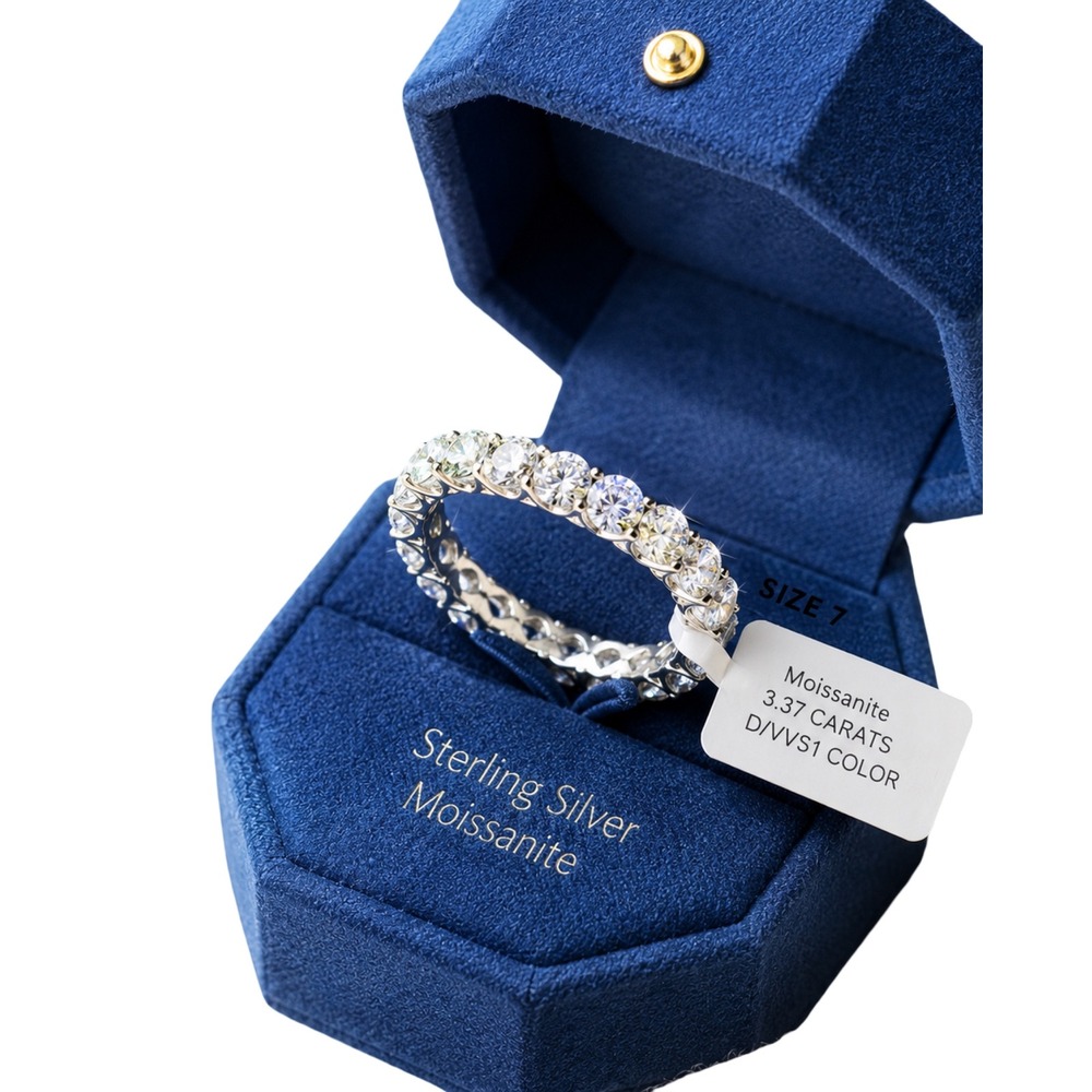 Moissanite Eternity Ring Women Size 7 Silver NEW 3.37CTW D VVS1 Round Band